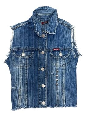 Vintage Light Blue Striped Denim Vest with Silver Buttons
